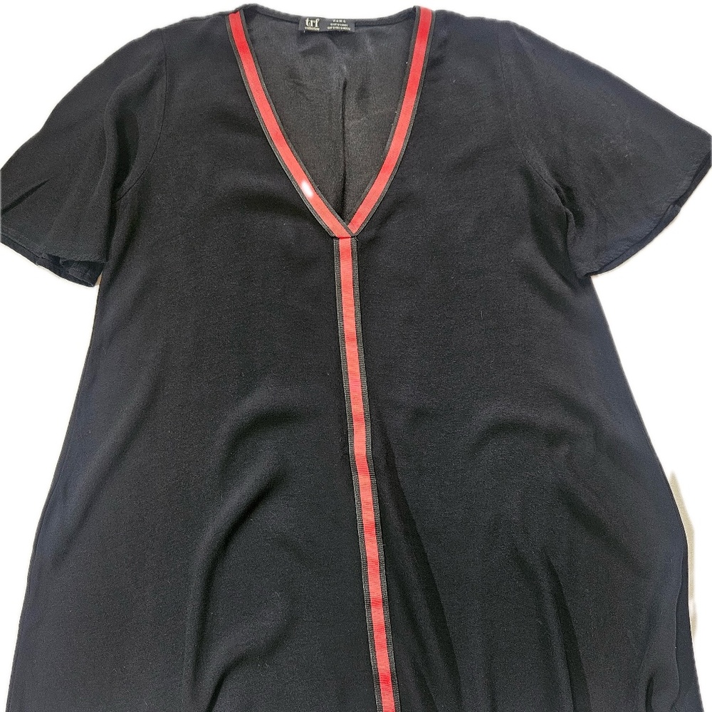 Zara TRF Shirt Womens Small Black V‎ Neck Tunic Top Red Stripe Trim Casual